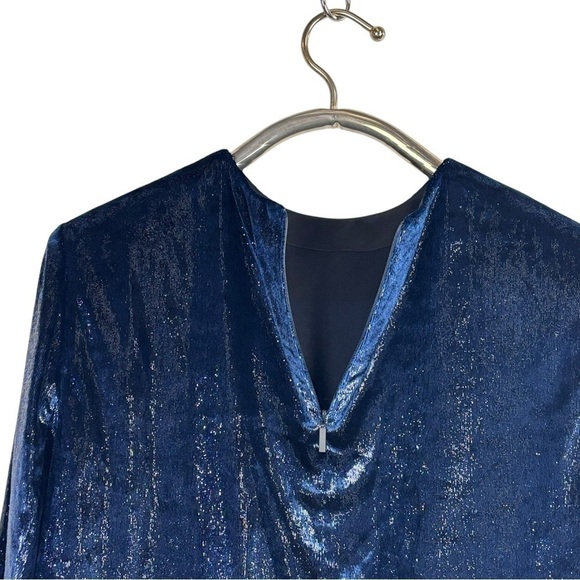 TIBI TESS BLUE METALLIC VELVET LONG SLEEVE SHOULDER PAD HOLIDAY EVENING TOP - Picture 11 of 15